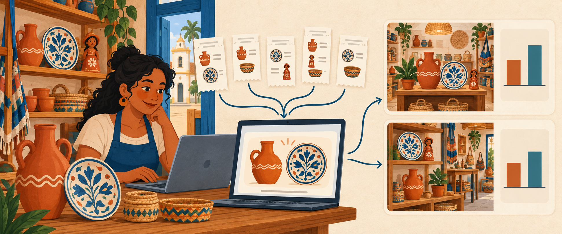 Uma lojista de artesanato consulta compras representadas por recibos, analisa uma sugestão de Jarro e Prato no computador e compara duas apresentações da loja.
